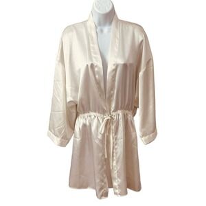 Victoria’s Secret Vintage Satin Wrap Robe S/P Gold Label Elastic Waist Tie Ivory